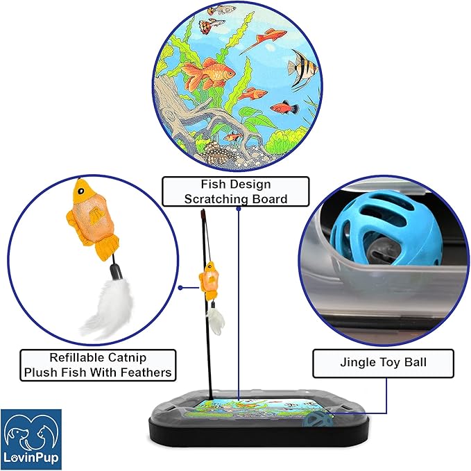 Cat Scratching Toy with Scratcher Board and Fish Aquarium Design, Fun and Exciting Catnip Cat Toy, Floppy Fish Toy with Feathers and Catnip Included-Mewly Pet