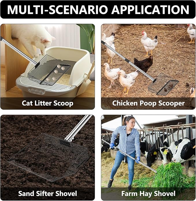 10 Inch Chicken Poop Scooper, Large Metal Chicken Coop Scoop, Chicken Litter Sifting Shovel, Chicken Coop Rake with Retractable Stainless Steel Handle, Chicken Coop Cleaning Tools Accessories-Mewly Pet