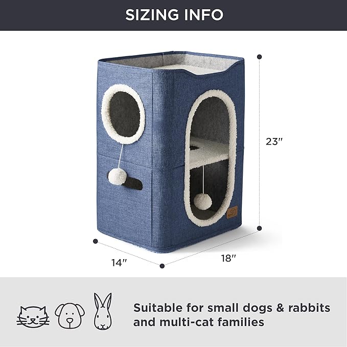 Bedsure 2 Story Cat House - Cat Condos for Indoor Cats with Scratch Pad and Fluffy Ball Hanging, Small Pet Cave Furniture Hideaway for Multi Pets, 18x14x23 inches, Blue-Mewly Pet