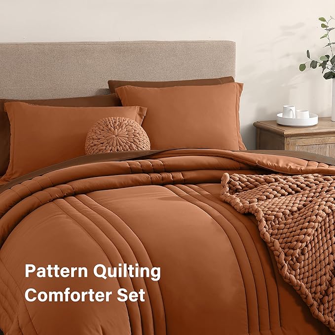 Monbix Oversized Queen Comforter Set - 7 Pieces Burnt Orange Bed in a Bag Queen Bedding Sets with Comforters, All Seasons Down Alternative Comforter Bed Set with Sheets,Pillowcases & Shams