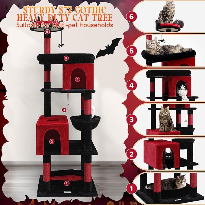 Globlazer Heavy Duty Gothic Cat Tree, 72in Large Cat Tower with Coffin Bed, Sturdy Maine Coon Cat Tree for Large Cats 20 lbs+, Medieval Castle Style with 6 Scratching Posts & Hammock, S72, Black & Red-Mewly Pet