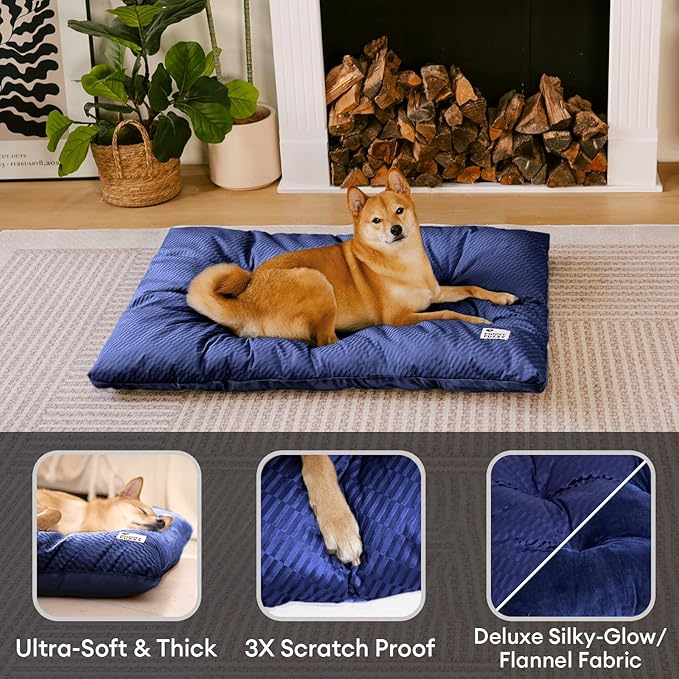 FUNNY FUZZY 2 in 1 Dog Bed Crate Pad Mat, Washable Reversible Pet Floor Mats,Fluffy Kennel Pad for Small Large Sized Dog,Indoor Cats,Sleeping Mattress,35.4" × 22.8", Midnight Blue-Mewly Pet