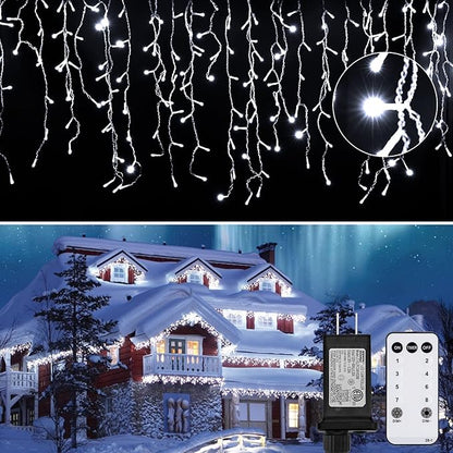 Led Icicle Christmas Lights Outdoor, 19.6 Feet 54 Drops with 306 Led, 8 Modes Timing Connectable Twinkle Decor Fairy String Lights for Patio Indoor Outside Hanging Icicle Lights, Pure White
