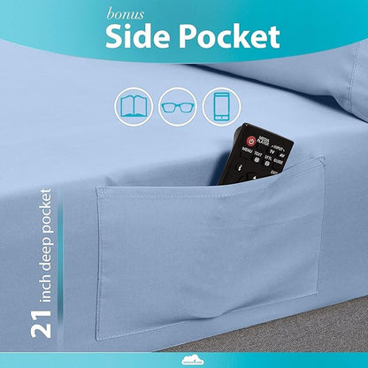 DREAMCARE Queen Sheet Set – 6 pcs Cooling Bed Sheets – up to 21” Deep Pocket Queen Sheets Set – 2500 Supreme Collection – Extra Soft 100% Brushed Microfiber Hotel Luxury with Side Pocket – L Blue