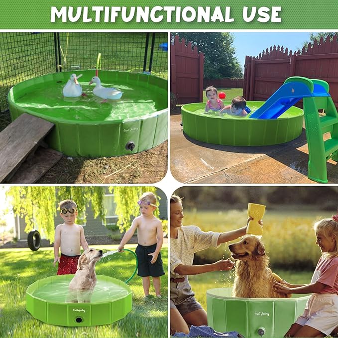 Furrybaby Dog Pool, Kiddie Pool with Hard Plate Collapsible Pet Bath Foldable Swimming Pet Pool Portable Green 32''-Mewly Pet