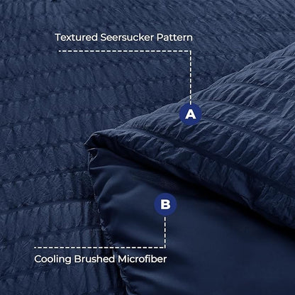 HYMOKEGE Navy Blue Oversized Queen Comforter Set Seersucker 7 Pieces, All Season Luxury Bed in a Bag for Bedroom, Bedding Set with Comforter, Sheets, Pillowcases & Shams