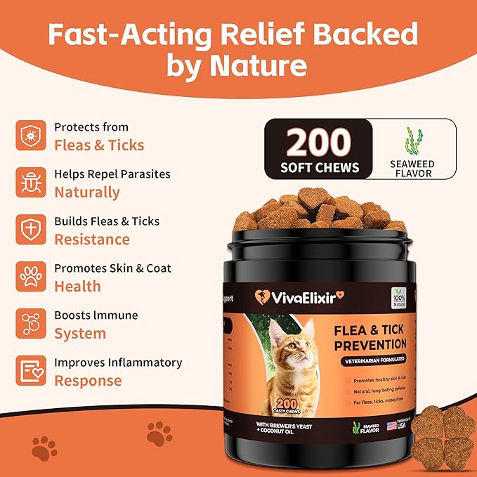 Flea & Tick Treatment for Cats – Natural Flea, Tick & Mosquito Prevention with Brewer’s Yeast, Coconut Oil – Skin & Coat Health, Immune Support – Vet Formulated 200 Chews-Mewly Pet