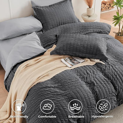 HYMOKEGE Dark Grey/Light Grey Twin Comforter Set Seersucker 5 Pieces, All Season Luxury Bed in a Bag for Bedroom, Bedding Set with Comforter, Sheets, Pillowcase & Sham