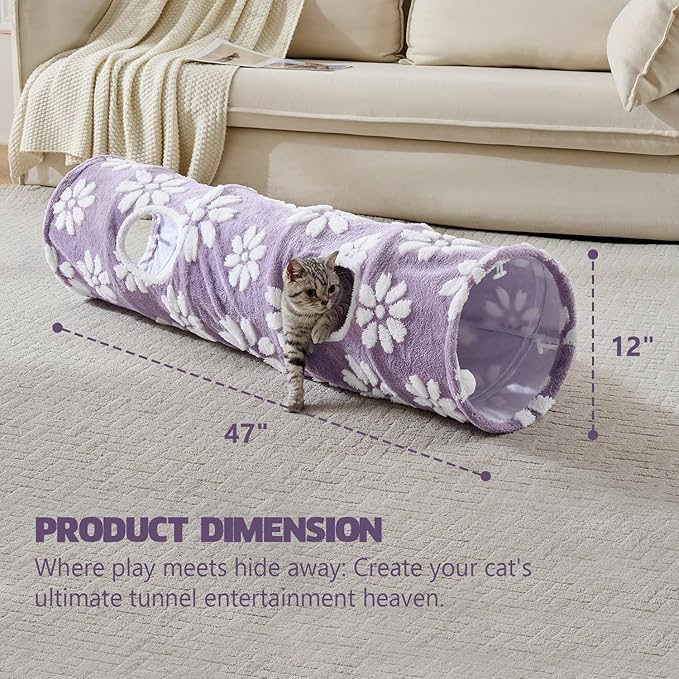 Straight Cat Tunnel for Indoor Cats 47"x12", Cute Cat Toys Collapsible Tunnel Tube with Balls for Puppy Kitten Rabbit, Purple Flower-Mewly Pet
