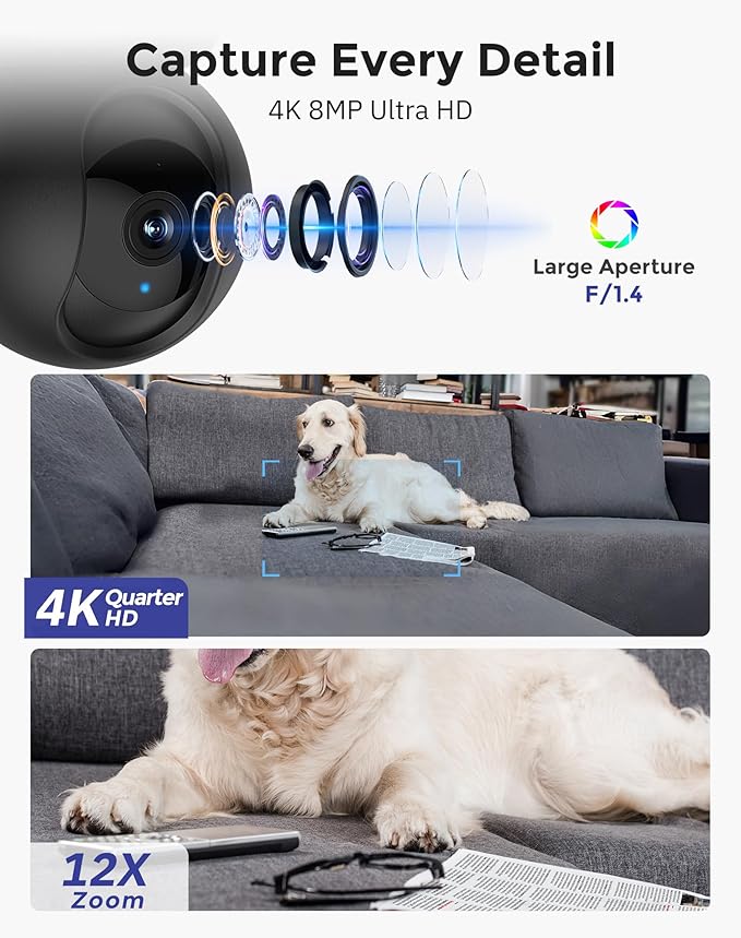 Hugolog 4K 8MP Indoor Pan/Tilt Security Camera with Auto-Focus,Ideal for Baby Monitor/Pet Camera/Home Security,Starlight Color Night Vision,Human/Pet AI,Two-Way Audio,US Cloud,Compatible with Alexa-Mewly Pet