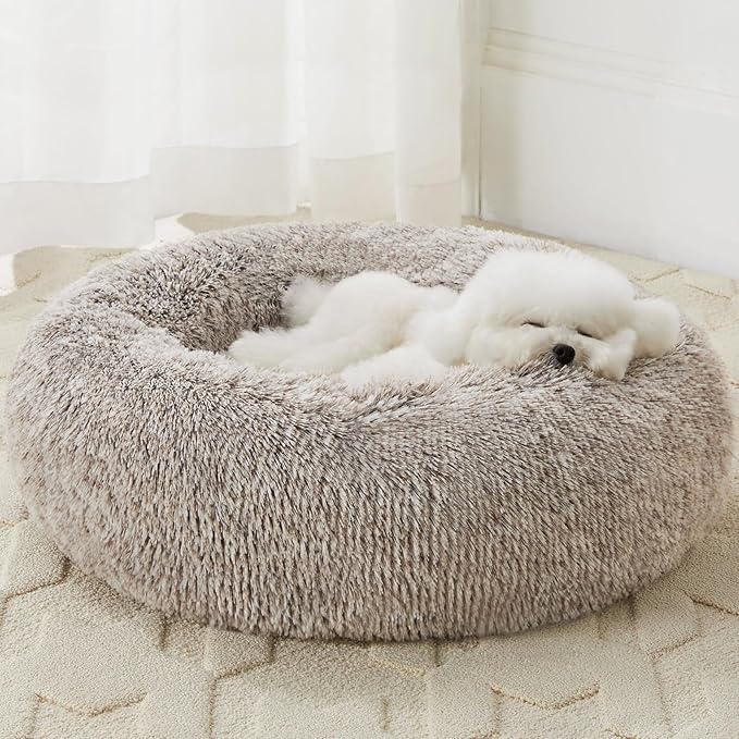 WNPETHOME Calming Dog Bed Cat Bed Donut, Faux Fur Pet Bed Self-Warming Donut Cuddler, Comfortable Round Plush Dog Beds (20 x 20 inch, Light Coffee)-Mewly Pet