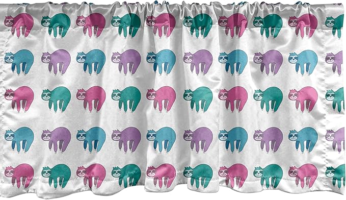 Ambesonne Funny Sloth Window Valance Pack of 2, Colorful Art Repeating Lazy Animal on Plain Backdrop, Rod Pocket Curtain Valances for Kitchen Bedroom, 54" X 18", Dark Seafoam Pink