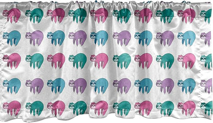 Ambesonne Funny Sloth Window Valance Pack of 2, Colorful Art Repeating Lazy Animal on Plain Backdrop, Rod Pocket Curtain Valances for Kitchen Bedroom, 54" X 18", Dark Seafoam Pink