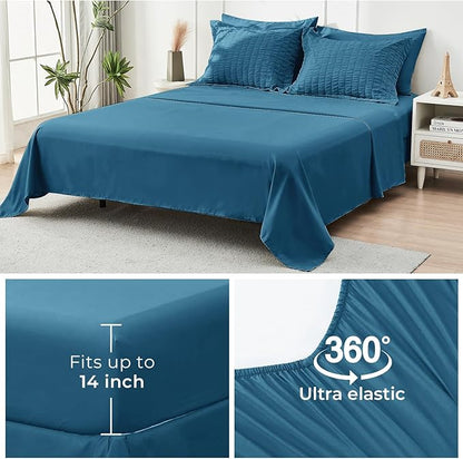 HYMOKEGE Teal Queen Comforter Set Seersucker 7 Pieces, All Season Luxury Bed in a Bag for Bedroom, Bedding Set with Comforters, Sheets, Pillowcases & Shams