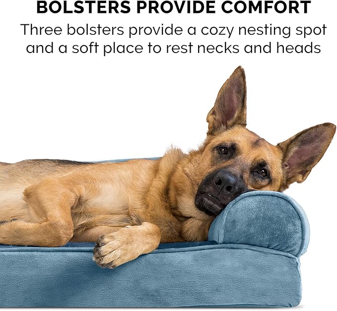Furhaven Cooling Gel Dog Bed for Medium/Small Dogs w/ Removable Bolsters & Washable Cover, For Dogs Up to 35 lbs - Faux Fur & Velvet Sofa - Harbor Blue, Medium-Mewly Pet