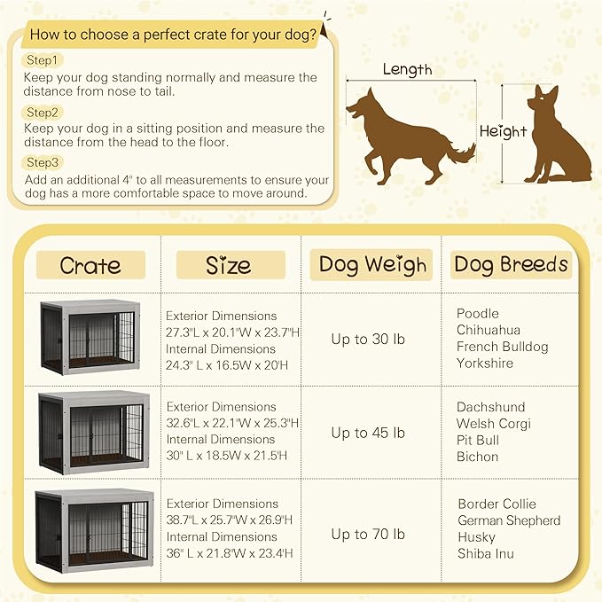 Bigrab Dog Crate Furinture with Thick Cushion, Side End Table Wooden Dog Cage with Double Doors, Chew-Resistant Dog Kennel Dog House Indoor for Small to Large Dog, L (Grey)-Mewly Pet