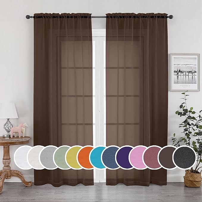 OWENIE Sheer Chocolate Curtains, Sheer Curtains 84 inch Length 2 Panels Set, Rod Pocket Voile Fimly Sheer Drapes for Living Room/Bedroom, 2pcs, Each 42" W x 84" L