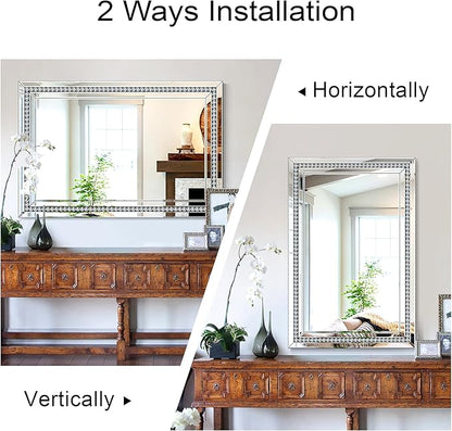 32" X 47" Large Wall Mirror for Decor Living Room, Rectangular Crystal Mirror with Glass Tiles Frame, Unique Horizontally/Vertically Hang for Living Room, Bathroom, Entrance Decor