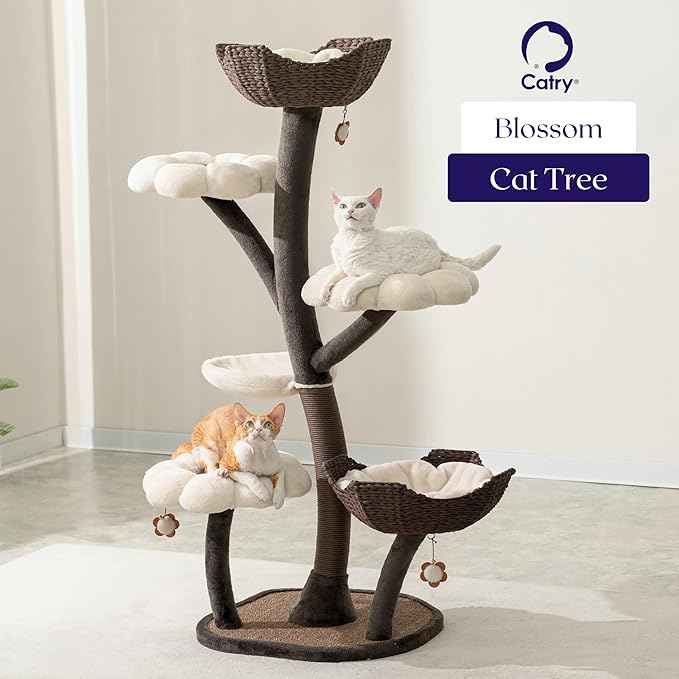 Catry Blossom 59" Flower Cat Tree with Replaceable Flower Perches and Scratching Posts, Handwoven Baskets with Washable Beds, Durable Iron Frame for Large & Multi-Cat Homes-Mewly Pet
