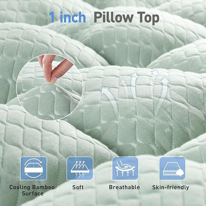 Dual Layer 3 Inch Memory Foam Mattress Topper Full Size, 2 Inch Gel Memory Foam Plus 1 Inch Cooling Pillow Top Mattress Pad Cover, with 8-21 Inch Deep Pocket, Green