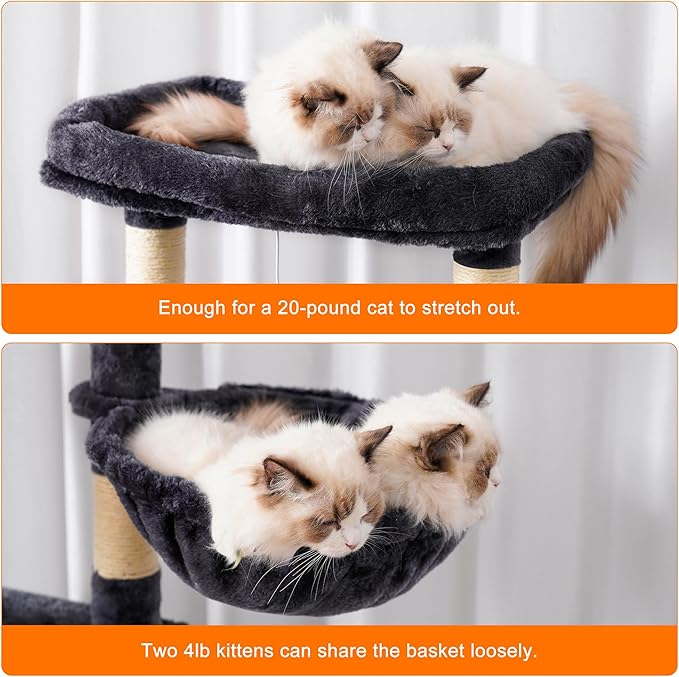 Heybly Cat Tree, 68 inch Multi-Level Cat Tower for Indoor Cats, 2 Widened Plush Perches Cat Condo with Scratching Board and Big Caves, Smoky Gray HCT025G-Mewly Pet