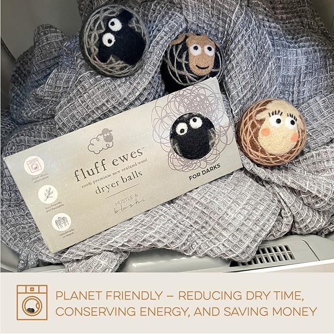 Fluff Ewes Wool Dryer Balls 3 Pack Premium New Zealand Wool Laundry Balls for Dryer, No Static Dryer Balls Laundry Reusable Cute - XL Wool Dryer Balls Cute, Baby Dryer Balls for Dryers - Darks-Mewly Pet
