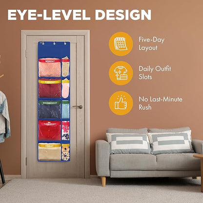 Over the Door Weekly Clothes Organizer - 5 Shelf Hanging Closet Storage with Day of the Week Labels - Weekly Clothes Organizer For Kids - Space-Saving Over Door or Wall Hanging Organizer (Blue)
