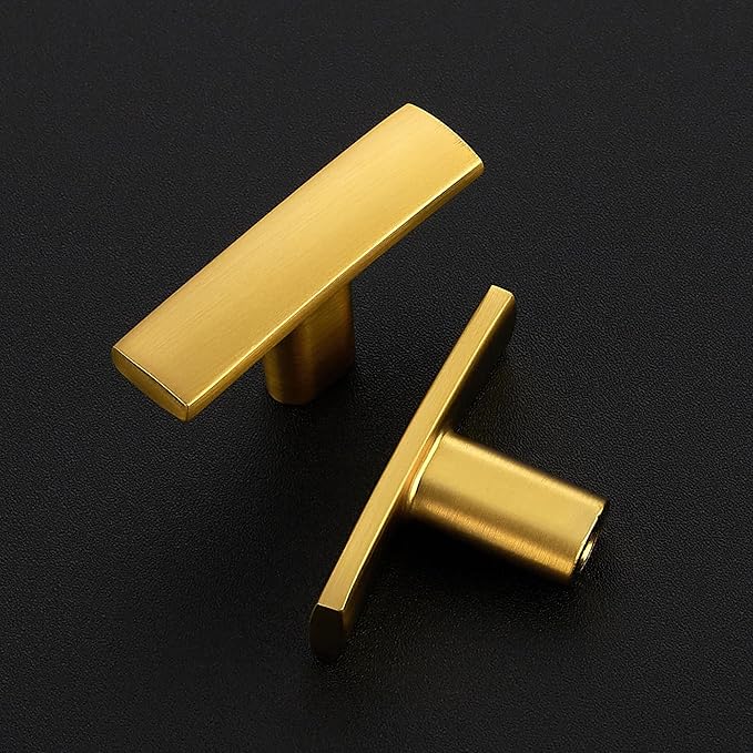 5 Pack Gold Cabinet Knobs - Curved Cabinet Pulls Brushed Brass Knobs for Kitchen Cabinet Drawer Solid Dresser Knobs for Cabinet Hardware 1-3/4in Length Single Hole, RDQXDKJS5