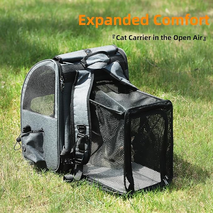 Hoopet Expandable Cat Backpack Carrier – Breathable Pet Carrier for Small Cats & Dogs, Foldable Travel Backpack with Mesh Ventilation for Hiking, Walking, Camping, Dark Grey-Mewly Pet