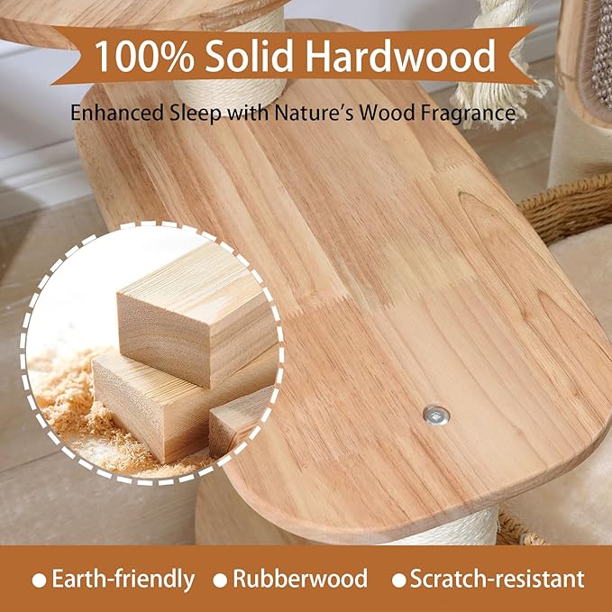 Wooden Cat Tree for Large Cat, 49.6-Inch Tall Cat Tower with Scratching Post for Indoor Cats, Multi-Level Cat Condo with Hand-Woven Cat Bed and Scratching Board Easy to Clean-Mewly Pet