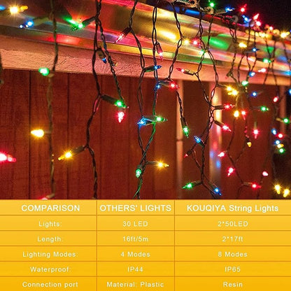 KOUQIYA Battery Operated Christmas Lights, 2 Set of 17ft 50 LED Mini String Light with Auto-Timer 8 Modes Waterproof Tree Lights (Multicolor, 50 LEDs x 2 Pack)