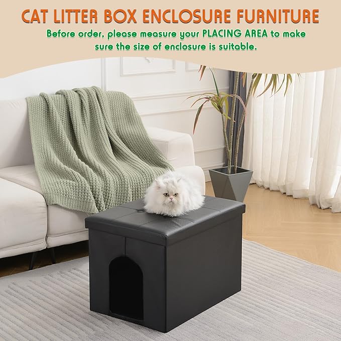 MEEXPAWS Cat Litter Box Enclosure Furniture Hidden, Cat Washroom Bench Storage Cabinet |Large 25.6'' x 17.7'' x 17.7''| Dog Proof | Waterproof Inside/Easy Clean | Easy Assembly | Odor Control(Black)-Mewly Pet