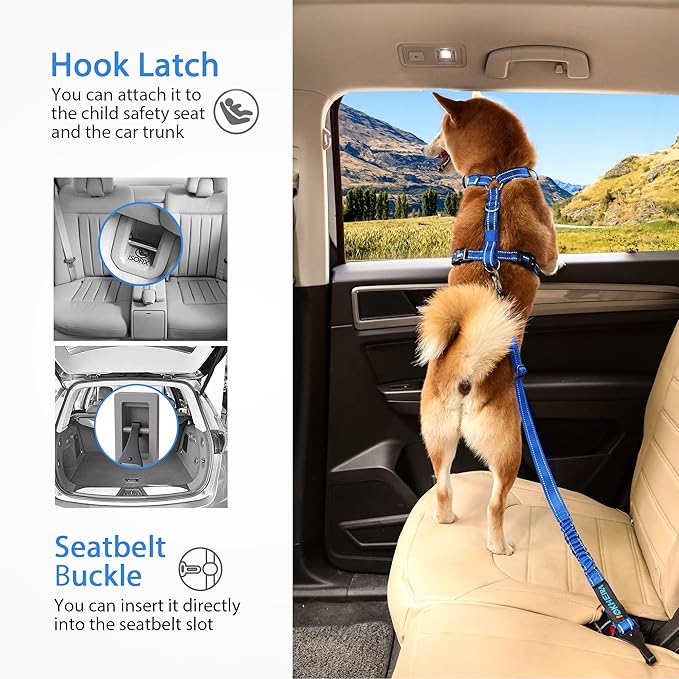 IOKHEIRA Dog Seatbelt - Adjustable Reflective Bungee Car Seatbelt with Aluminum Swivel Carabiner-Mewly Pet