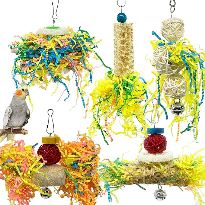 EBaokuup Bird Parrots Shredding Toys Parakeet Chewing Toys Bird Loofah Toys Parrot Cage Shredder Toys Bird Foraging Hanging Toys Bird Accessories for Parrots Lovebird Cockatiel Conure African Grey-Mewly Pet
