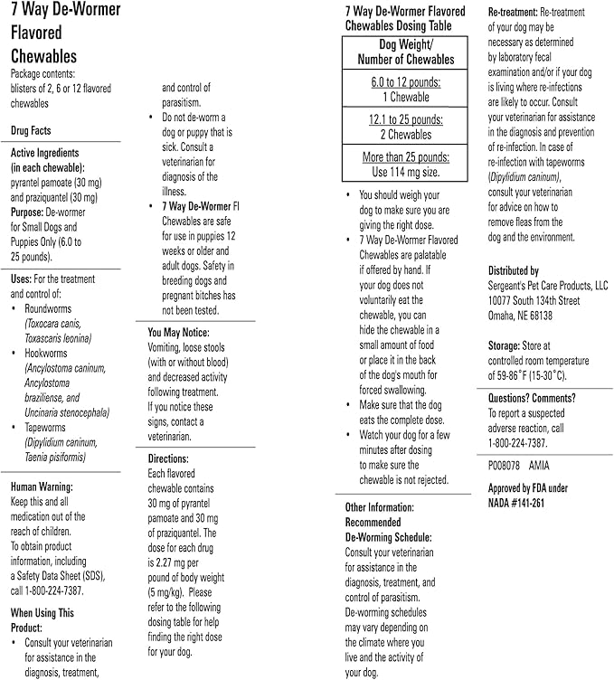 PetArmor 7 Way De-Wormer for Dogs, Oral Treatment for Tapeworm, Roundworm & Hookworm in Small Dogs & Puppies (6-25 lbs), Worm Remover (Praziquantel & Pyrantel Pamoate), 6 Flavored Chewables-Mewly Pet