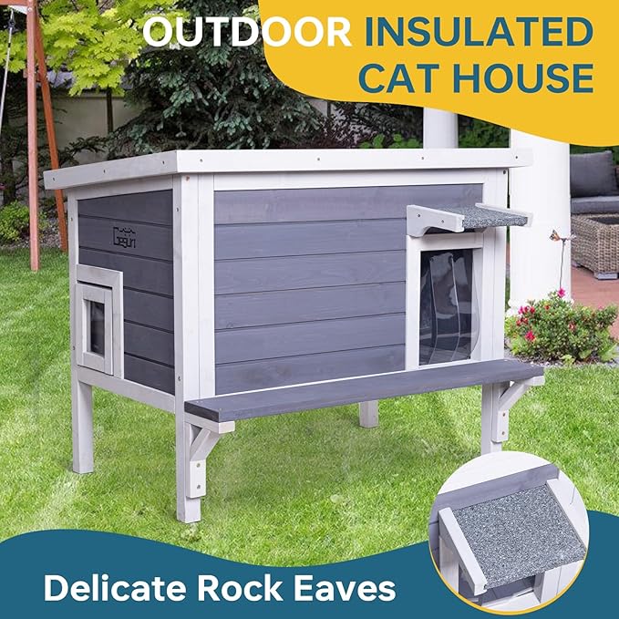 GEGURI Insulated Cat House Outdoor Weatherproof Feral Cat Shelter for Winter Large Wooden Enclosure with Escape Door-Mewly Pet