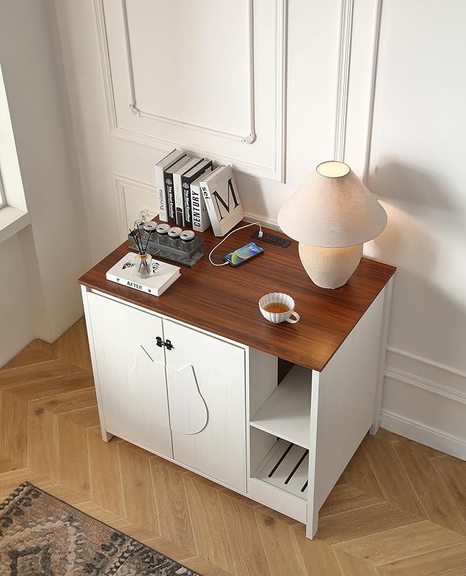 Cat-Faced Doors Cat Litter Robot Enclosure,Automatic Litter Box Enclosure for Litter Robot 3/4,Power Outlet for cat Litter Cabinet,Litter Collector,Dog-Proof Shelf,Antique White-Mewly Pet