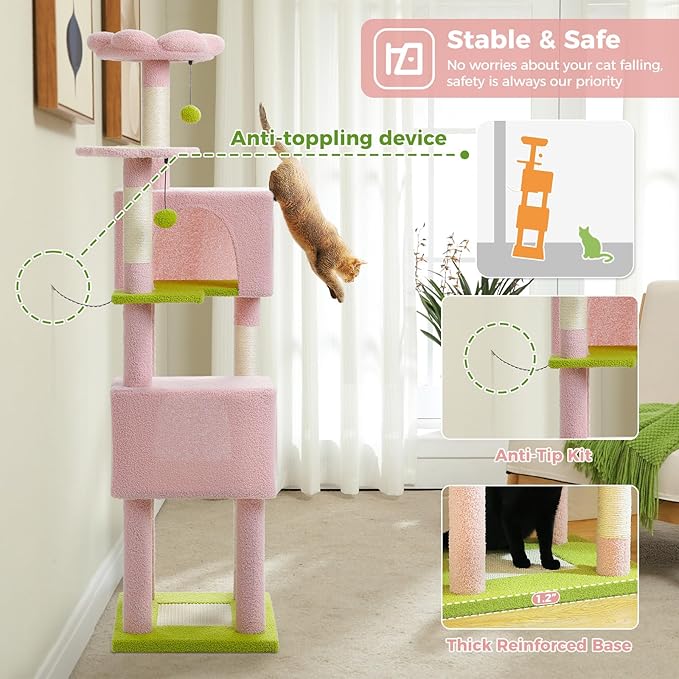 Flower Cat Tree, 62-Inch Large Cat Tower for Multi-Cat Households w/Scratching Posts, Multi-Level Cat Condo w/Cozy Top Perch & Scratching Pad, Padded Platform, 2 Pompoms, Pink-Mewly Pet
