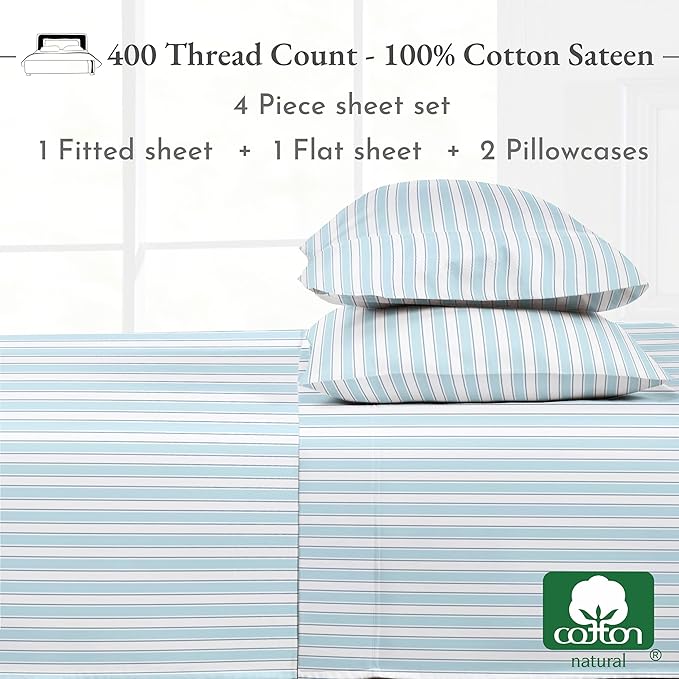 California Design Den California King Sheet Sets - 400 Thread Count Sateen, Natural 100% Cotton Sheets Set, Deep Pocket Cooling and Durable Bedding - Cape Stripe