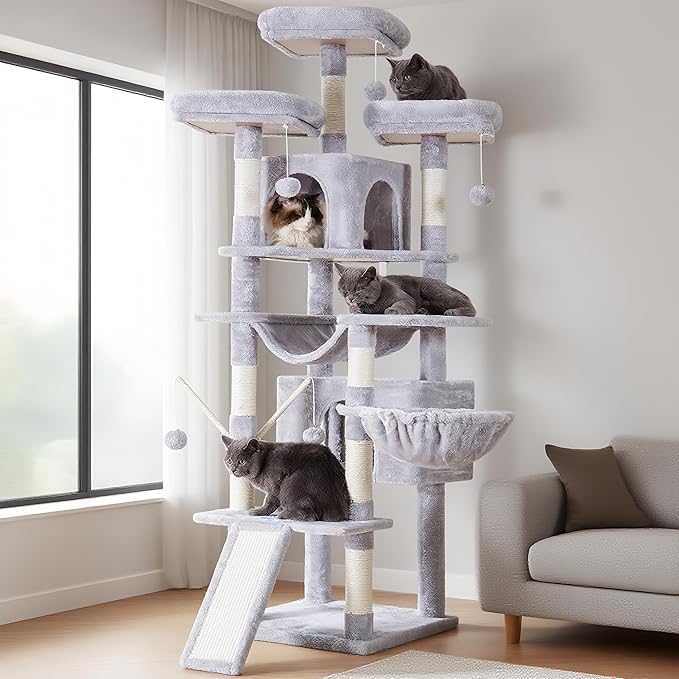 Hey-brother Cat Tree, 71 inches XL Large Cat Tower for Indoor Cats, Multi-Level Cat House with 3 Padded Perches, Big Scratcher, Cozy Basket, 2 Cat Condos and Scratching Posts, Light Gray MPJ034W-Mewly Pet
