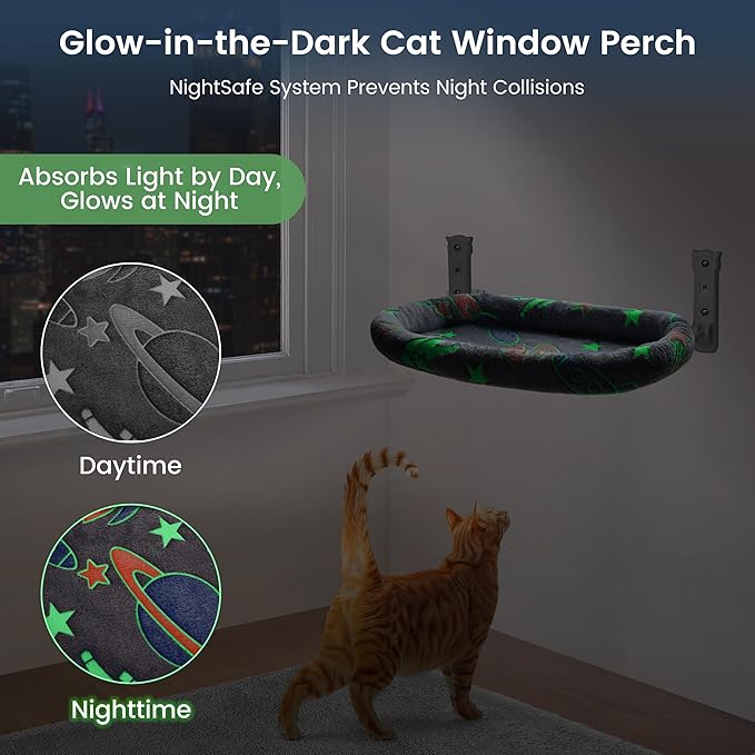 2 Pack Cat Window Perch, Glow in The Dark Foldable Cat Hammock with Cozy Pad Bed, Breathable Cordless Window Seat with Stud Metal Frame for Large Cats and Kitten (Cushion Bed, 2 Pack - L)-Mewly Pet