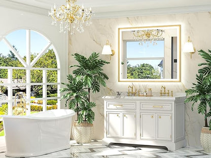 TETOTE 48x40 LED Bathroom Mirror with Lights Gold Metal Framed Front & Back Light Vanity Mirror Baroque Antifog Stepless Dimmable White/Warm/Natural,CRI90+,Waterproof,Wall Mounted(Horizontal/Vertical)
