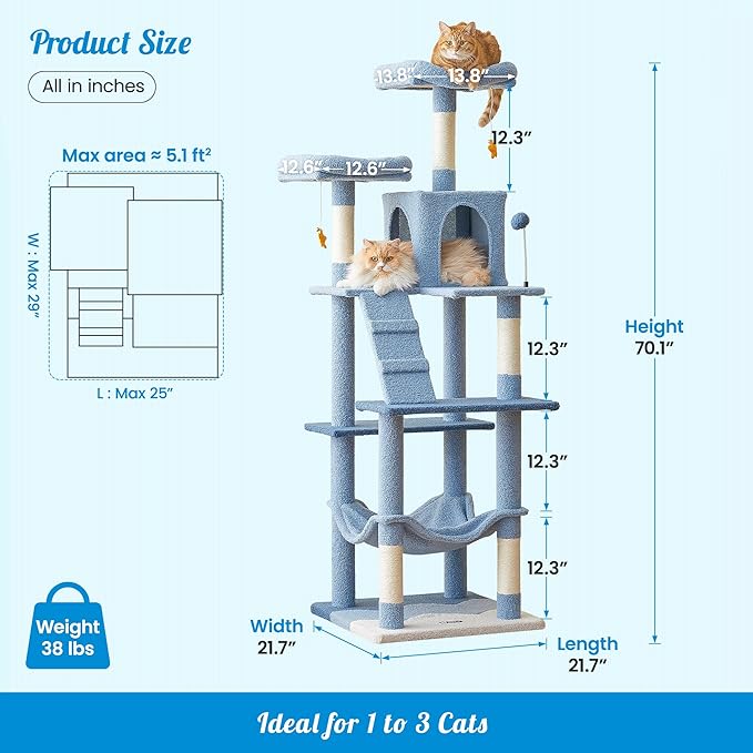 MWPO Ocean-Themed Cat Tree, 70.1-Inch Multi-Level Tall Tower for Indoor Cats, Plush Cat Condo with Big Padded Perches, Sisal-Covered Scratching Posts, Hammock, Toys for Kittens, Blue-Mewly Pet