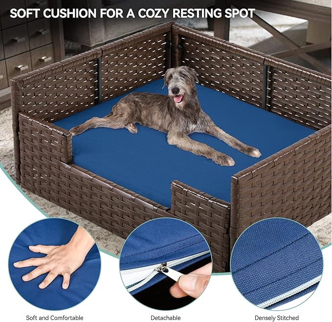 YITAHOME Rattan Dog Sofa Bed with Cushion, Wicker Pet Bed Sofa Couch Indoor Outdoor Waterproof for Large Medium Small Dogs Cats (38.6''L*26.4''W*15''H,Blue)-Mewly Pet