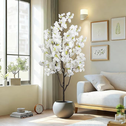 Faux White Cherry Blossom 6ft(72in) Artificial Floor Green Plant for Indoor Decor Natural Potted Tree with Texture Flowers Realistic Wood Trunk for Home Living Room,Office Perfect Housewarming Gift