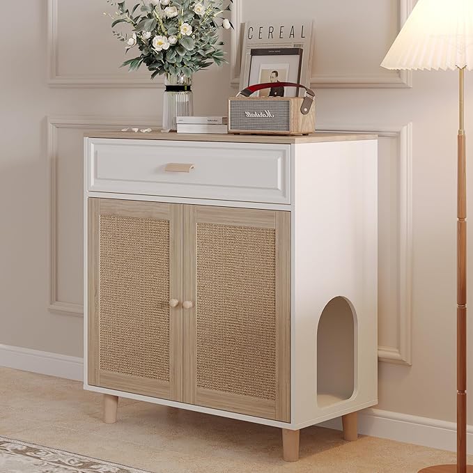 Cat Litter Box Enclosure Furniture Hidden Indoor 2-in-1 Wooden Cat House & Washroom Cabinet with Scratching Board Doors and Drawer, 31.5"x15.7"x34.6"H-Mewly Pet