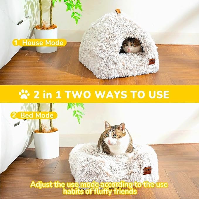 CATISM Cat Bed, Cat Cave for Indoor Cats, Soft Cat Dome, Self-Warming 2 in 1 Foldable Pet Cat House with Washable Cushioned Pillow Calming Fluffy Dog Beds for Small Dogs with Anti-Slip Bottom Brown-Mewly Pet