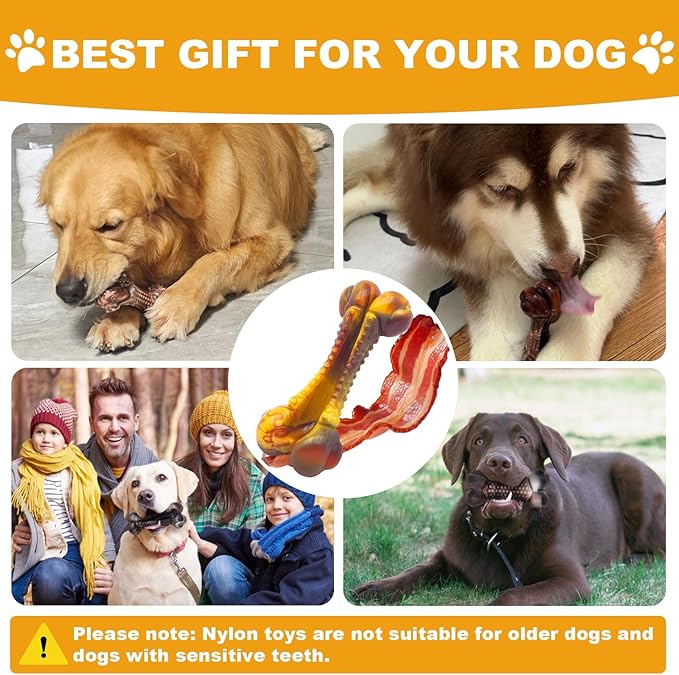 Dog Toys for Aggressive Chewers, Indestructible Dog Chew Toys for Large Medium Small Breed, Tough Nylon Interactive Durable Chew Toy Bone for Puppy Teething Toy Bacon Flavor, Best Gift&Keep Them Busy-Mewly Pet