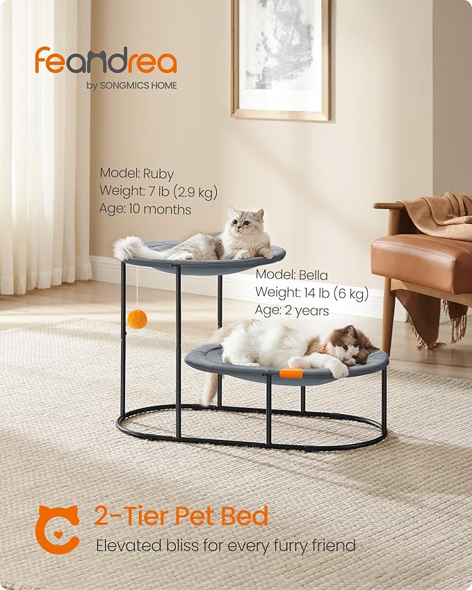 Feandrea 2-Tier Elevated Cat Hammock Bed, Breathable Furniture for Multi-Cat Households Indoor and Outdoor, with Removable Washable Mesh, Steel Frame, for Summer, Dove Gray UPCB012G01-Mewly Pet