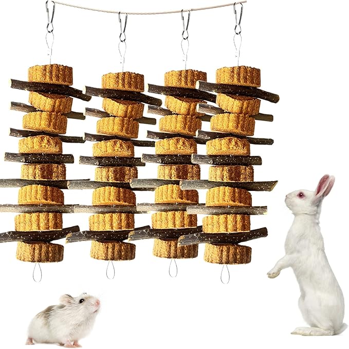 kathson Natural Small Animal Chew Toys for Teeth,4 PCS Rabbit Hanging Chewing Treats with Natural Organic Apple Stick Timothy Grass Carrot Cake for Hamsters Squirrel Guinea Pig Rabbits-Mewly Pet